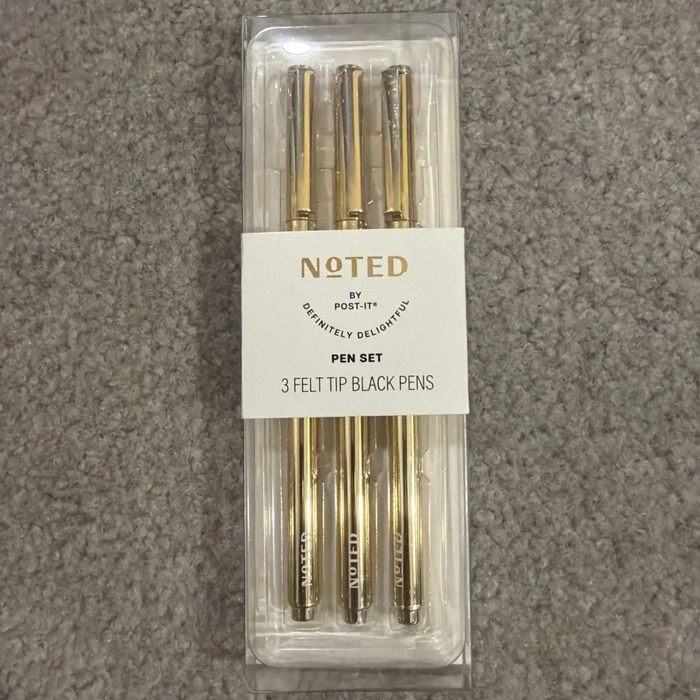 Noted By Post-it  3 Black Felt Tip Pens Gold Barrel